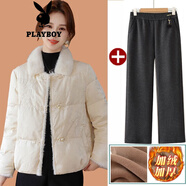 花花公子（PLAYBOY）媽媽冬裝保暖國風(fēng)羽絨棉服小棉襖中老年奶奶秋冬款毛領(lǐng)寬松小棉衣 米色【9981黑色褲】官方旗艦版 加絨 XL 【建議90-105斤】