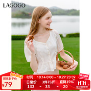 LAGOGO米白色歐根紗繡花襯衫女拉谷谷夏新款法式顯瘦優(yōu)雅短袖上衣 米色(T2) M
