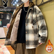 花花公子（PLAYBOY）假兩件外套男生秋冬新款寬松棉衣加絨加厚青少年學(xué)生格子毛呢夾克 8013黑色 【加絨保暖】 M （80-100）