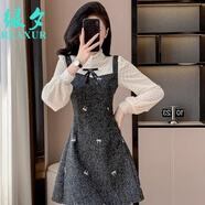 綠夕（REAXUR）女士高檔連衣裙女秋冬2025年新款韓系穿搭小香風(fēng)假兩件約會(huì )小個(gè)子 灰色 M （建議95斤-105斤）