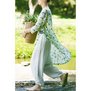 清透苧麻印花下擺開(kāi)叉中長(cháng)款連衣裙撞色盤(pán)扣寬松顯瘦袍子SN01 花瓣 均碼