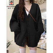 AEMAPE黑色V領(lǐng)毛衣開(kāi)衫外套女秋冬季軟糯慵懶風(fēng)寬松高級感超好看針織衫 黑色 M (95-105斤拍)