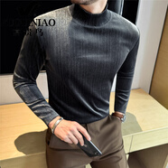 富貴鳥(niǎo)（FUGUINIAO）亮面銀絲金絲絨半高領(lǐng)T恤男長(cháng)袖修身潮牌加厚條紋上衣中領(lǐng)打底衫t 灰色 M