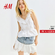 H&M女裝2025年夏季新款荷葉邊迷你半身裙1270392 淺牛仔藍/白色 S 160/72