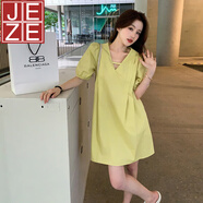 JEZE設計感泡泡袖V領(lǐng)連衣裙女夏季新款胖MM特大碼300斤寬松遮肉裙子 檸檬黃【z】 XL 120-150斤