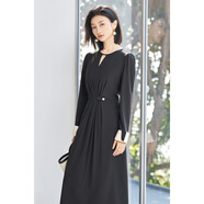 米思陽(yáng)（missshine）2025春季新款知性?xún)?yōu)雅撞色連衣裙小眾設計鏤空V領(lǐng)顯瘦裙子 黑色現貨直發(fā) S