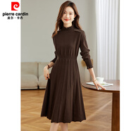皮爾卡丹（pierre cardin）羊毛針織連衣裙女秋冬新款配大衣打底顯瘦氣質(zhì)百褶拼接毛衣裙過(guò)膝 咖色 M