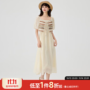 快魚復(fù)古時(shí)尚連衣裙2024新款女夏季假兩件設(shè)計(jì)拼接系帶泡泡袖長(zhǎng)裙 淺米色 L