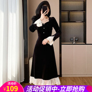 歐貝汐春秋冬名媛蕾絲邊拼接中長(cháng)連衣裙會(huì )氣質(zhì)禮服裙 黑色 XL