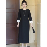 JPUZ赫本風(fēng)寬松顯瘦拼接百搭黑色長(cháng)袖連衣裙女秋季大碼休閑氣質(zhì)小黑裙 黑色連衣裙 M (建議90-115斤)