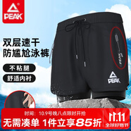 匹克泳褲男泳衣男防尷尬速干寬松平角沙灘褲雙層溫泉海邊度假泳褲黑 L