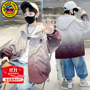 G.DUCKKIDS小黃鴨男童外套春秋季新款洋氣兒童沖鋒衣中大童男孩秋裝連帽風(fēng)衣 圓球印花咖色 160 尺碼13~14歲【150-160cm】