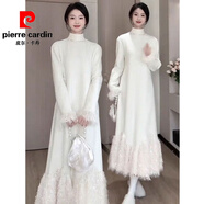 皮爾卡丹（pierre cardin）韓系慵懶風(fēng)高級感連衣裙2025年秋冬新款半高領(lǐng)加絨流蘇白色裙子女 杏色加絨長(cháng)裙 M