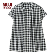 無(wú)印良品 MUJI 女式 新疆棉強(qiáng)捻雙重格子 法國(guó)袖罩衫 黑色 M-L