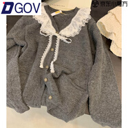 DGOV娃娃領毛衣女秋季慵懶可愛甜美蕾絲V領針織開衫外套日系溫柔上衣 灰色zt S 建議70-95斤