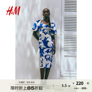 H&M女士花卉連衣裙秋季氣質(zhì)修身歐根紗五分袖燈籠袖連身裙1238363 白色/藍(lán)色圖案 170/116 XL