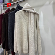 皮爾卡丹（pierre cardin）慵懶圍巾套頭毛衣女2025秋冬新款小個(gè)子感個(gè)性加厚針織上衣 米杏色【不帶圍巾】 S 建議80-100斤