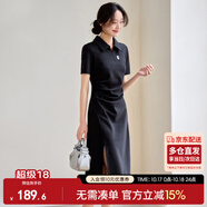 尚都比拉夏季通勤Polo裙腰短袖針織連衣裙女開叉A字裙 黑色142L54627  S
