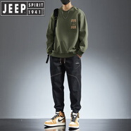 JEEP SPIRIT秋季男士休閑套裝潮牌舒適透氣衛(wèi)衣男春秋新款哈倫束腳牛仔褲 1001綠色+9008黑色 (裝) M (90-105斤)