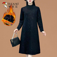 啄木鳥(niǎo)（TUCANO）中年女秋冬連衣裙2025新款加絨加厚長(cháng)袖寬松時(shí)尚遮肚保暖打底裙子 黑色亮片加絨 XL (建議90-110斤)