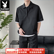 花花公子（PLAYBOY）夏季純色短袖短褲套裝男韓版ins休閑寬松polo衫倆件套潮 童黑色 上衣和短褲少年 M 120斤內