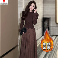 皮爾卡丹（pierre cardin）加絨加厚氣質(zhì)時(shí)尚法式復古連衣裙2025設計感名媛收腰網(wǎng)紗長(cháng)裙2653 火山棕 S 100斤以下