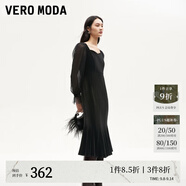 VEROMODA連衣裙秋季女裝新款天鵝絨拼接網(wǎng)紗魚尾長(zhǎng)裙鉆石領(lǐng)東方簡(jiǎn)奢風(fēng) 紗袖絲絨裙-黑色 M