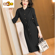 初徑娃娃領(lǐng)連衣裙女秋冬中長(cháng)款新款春秋洋氣外穿打底毛衣裙子過(guò)膝 黑色 M 建議90-105斤