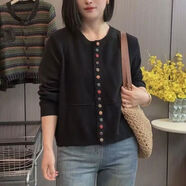 代勒2025新款春秋復古針織開(kāi)衫寬松時(shí)尚顯瘦圓領(lǐng)毛衣針織衫外套 黑色 均碼   建議90-140斤