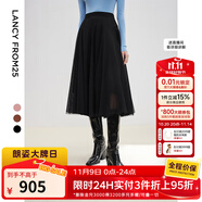 朗姿高腰通勤高級感中長裙子網(wǎng)紗裙直筒裙半身裙2025年秋季新款女 黑色 L