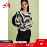 H&M【徐若晗同款】女裝毛針織衫秋慵懶短款打底衫miu系薄開(kāi)衫0579541 黑色/條紋 S 160/88