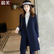 晨芙中長(cháng)款西裝外套女氣質(zhì)女神范職業(yè)西服套裝商務(wù)正裝風(fēng)衣大衣工作服 (常規)藏青色外套+西褲 4XL 建議140-150斤