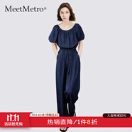 MeetMetro瑪依爾2025夏季新款牛仔套裝女一字領(lǐng)法式襯衫直筒褲 牛仔藍【現貨閃電發(fā)】 S