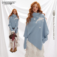 UNIFREE韓系高領(lǐng)毛衣女斗篷式不規則慵懶翻領(lǐng)復古洋氣蝙蝠衫 藍色 S