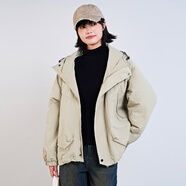木果果木2025冬季新款慵懶工裝風(fēng)寬松顯瘦防風(fēng)連帽棉衣外套女 杏色 M