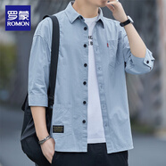 羅蒙純棉襯衫男長(cháng)袖工裝男士襯衣日系休閑寬松上衣春秋款外套新款男裝 淺藍七分袖 XL 135-155斤