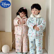 迪士尼夾棉加厚兒童睡衣韓冬中小童三層加棉家居服寶寶加厚卡通保暖睡衣 藍(lán)格子熊貓一套 80