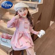 迪士尼（Disney）女童洋氣秋冬季加絨針織毛衣連衣裙公主女寶寶加厚泡泡袖裙子冬裝 粉紅色 90 cm