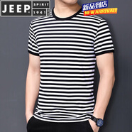 JEEP SPIRIT夏季短袖男裝黑白色橫條紋體恤?；晟兰兠捱\動(dòng)半袖復古聚會(huì )衫 黑色 3XL