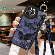 宏朗適用蘋(píng)果14手機殼iphone13防摔16斜挎背帶promax滿(mǎn)屏15蝴蝶8plus小清新Xsmax全包X保護套11浮雕12 黑色-滿(mǎn)屏蝴蝶腕帶+掛繩 iPhone6plus