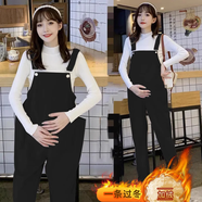 愛(ài)蘭婷2026春裝新款純棉孕婦背帶褲長(cháng)褲寬松大碼吊帶褲針織上衣兩套裝 黑色（加絨）+白毛衣/套裝 M建議90-115斤