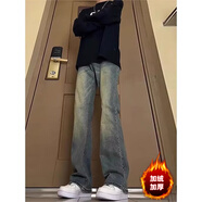 POUM白色牛仔褲男裝美式高街顯高ins簡(jiǎn)約寬松冬季加絨保暖微喇長(cháng)褲子 DFFS-711-1藍色 加絨 XL 【120-135斤】