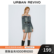 UR秋季新款女裝復古氛圍感一字露肩牛仔連衣裙UYV840006 天藍 S