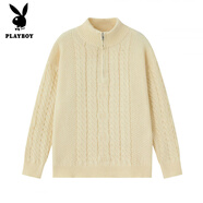 花花公子（PLAYBOY）冬季新款日韓半高領套頭毛衣男針織衫潮牌休閑寬松毛衣女美式 杏色 M (建議100-120斤)