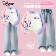 迪士尼童裝加絨保暖女童冬季套裝2025新款可愛(ài)女孩衛衣顯瘦兒童牛仔褲子