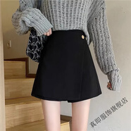 真即2025新款不規則秋冬韓版大碼西裝短褲裙女高腰a字顯瘦短裙褲靴褲 黑色 XS