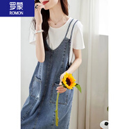 羅蒙（ROMON）圓領(lǐng)連衣裙女裝夏季2024年新款撞色薄款簡約時尚休閑牛仔背帶裙子 藍色背帶裙 M 90-105斤