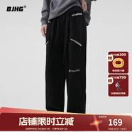 BJHG不計(jì)后果環(huán)保麂皮絨撞色拼接美式休閑褲潮牌男秋寬松直筒垂感長(zhǎng)褲 黯黑色 2XL