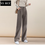 NY-RCE毛呢闊腿褲女秋冬高腰垂感新款褲子休閑加絨加厚寬松拖地長(cháng)褲 淺咖色常規款(適合165以下) 加厚 M