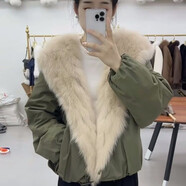欣裘紅怡2025季新款韓版派克服狐貍毛連帽寬松V領(lǐng)白鵝絨羽絨服短外套女 黑色 M